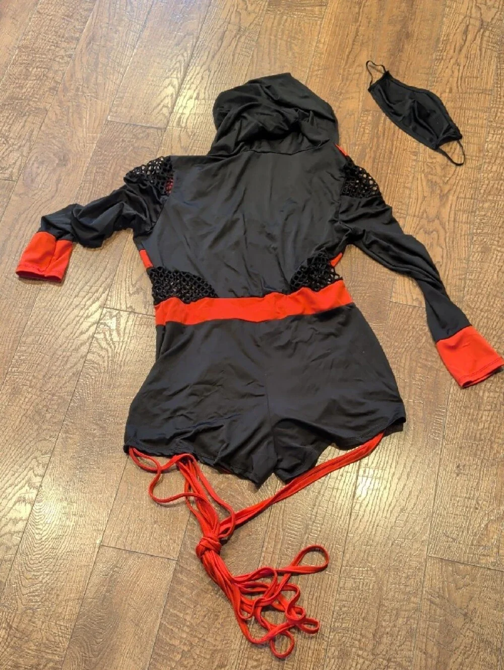 Women's Red & Black Ninja Costume - Hooded Romper with Mask (M)